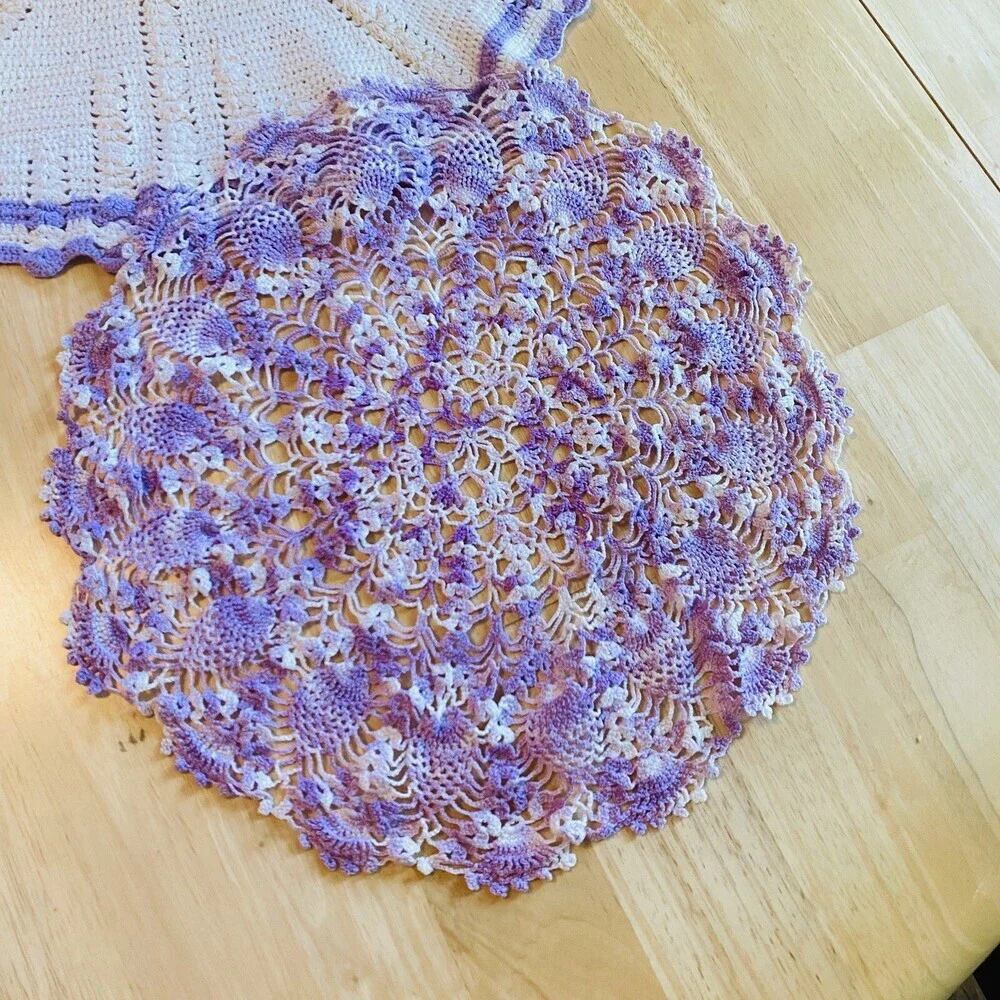 Lot of 2 Vintage Handcrafted Crocheted Doilies Purple/White Mix Cottage Core